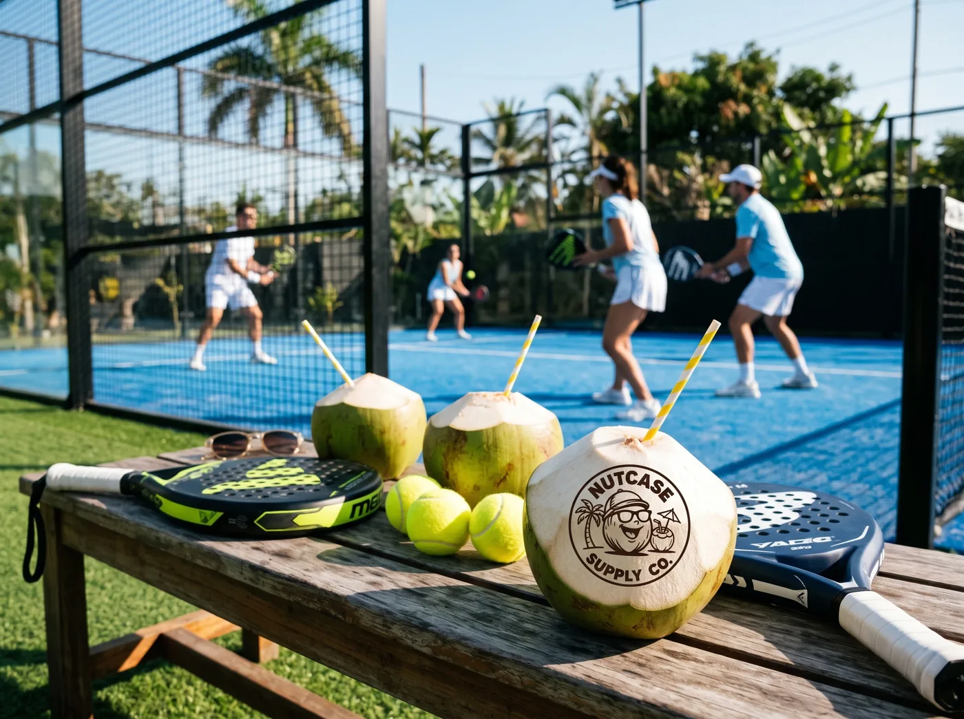 Nutcase coconuts beside padel rackets courtside