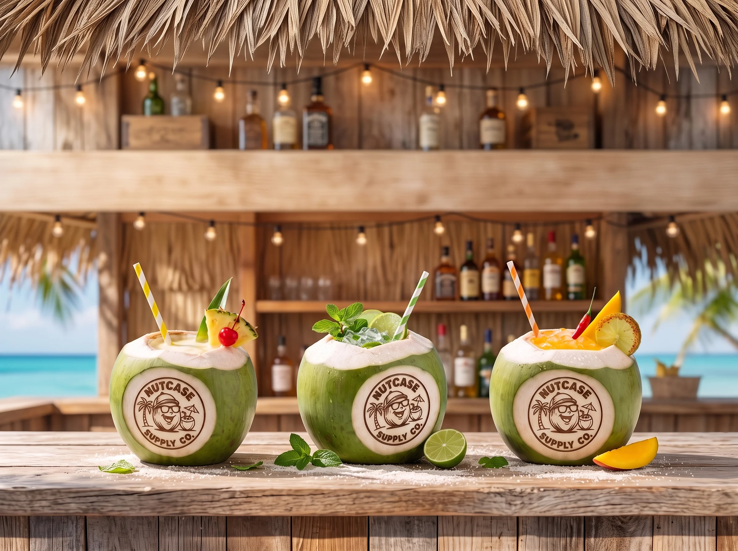 Pina colada, coconut mojito and spicy mango margarita served in Nutcase coconuts on a beach bar counter