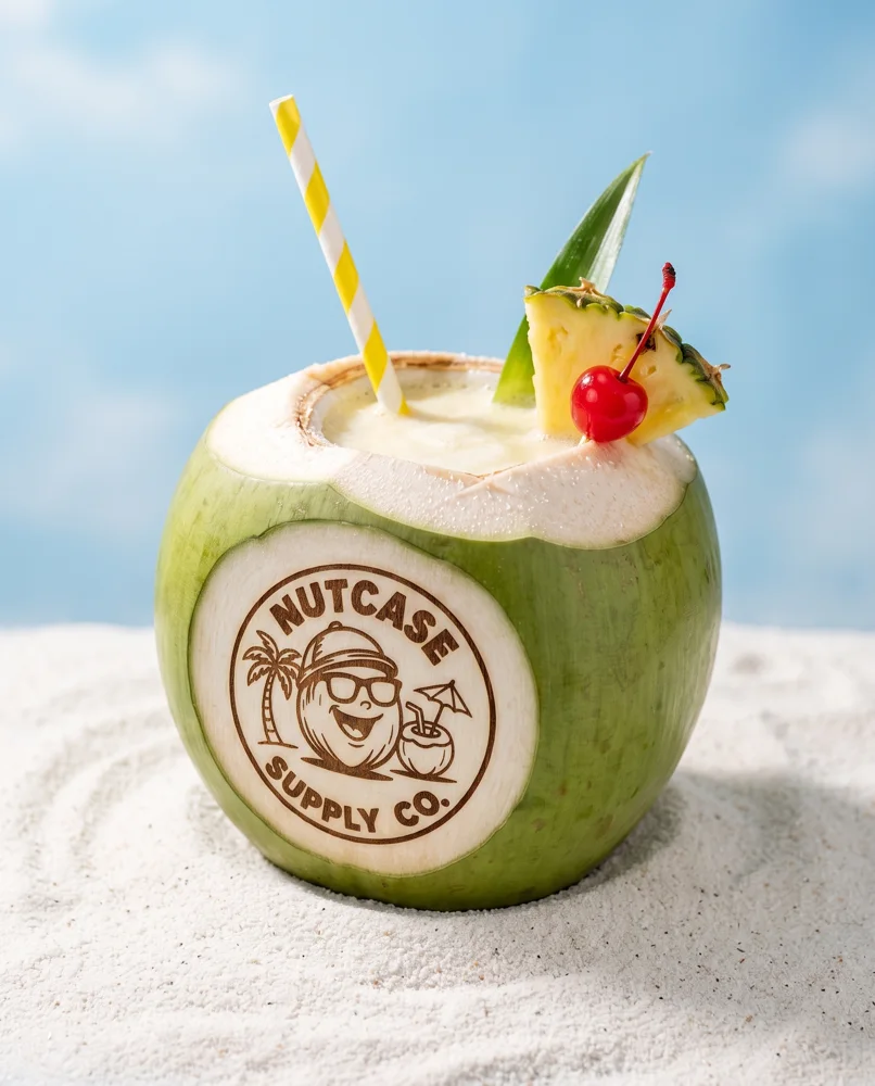 Piña Colada served in a Nutcase coconut