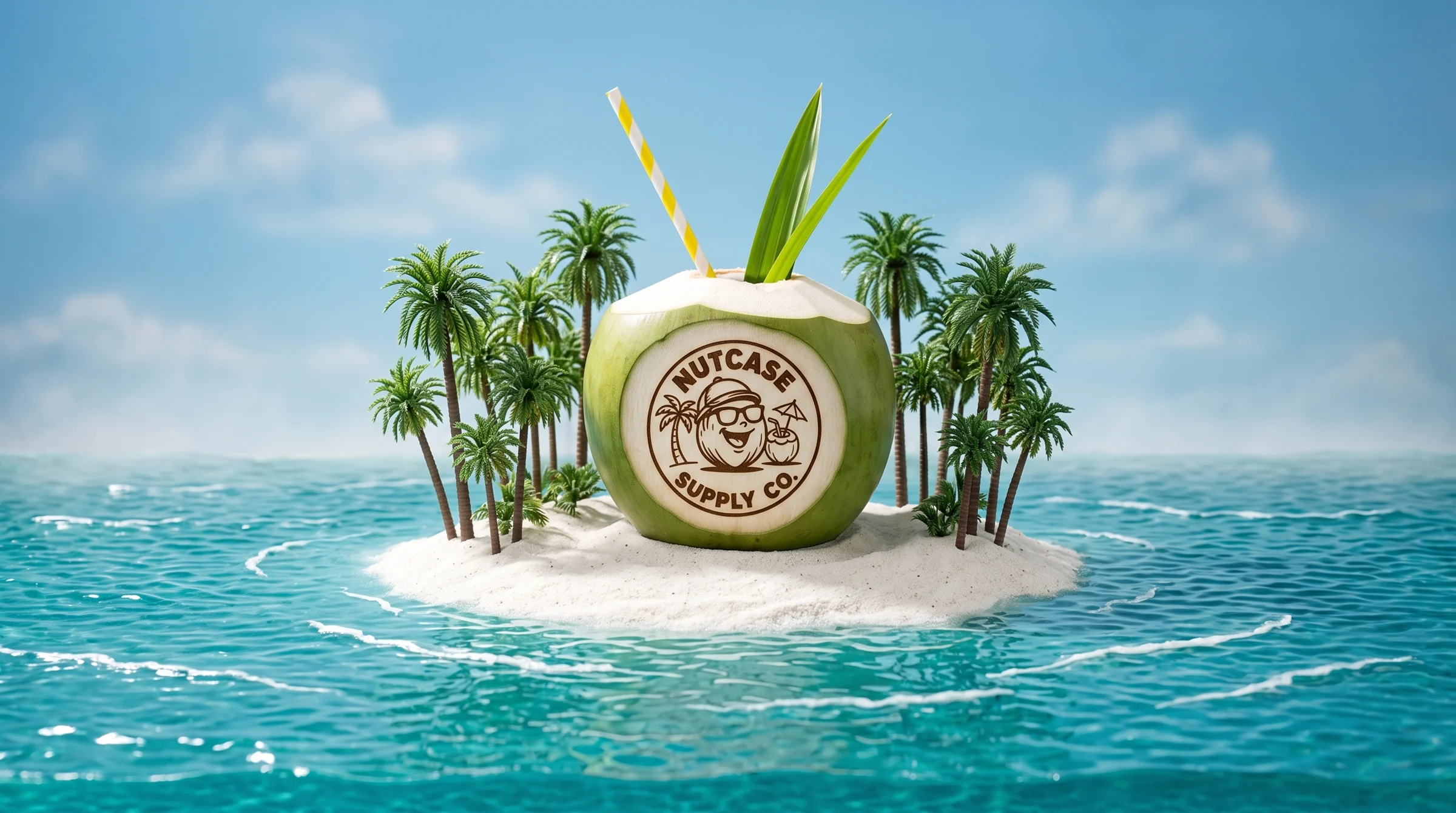 A Nutcase etched coconut with a striped straw sitting on a miniature palm island in turquoise water