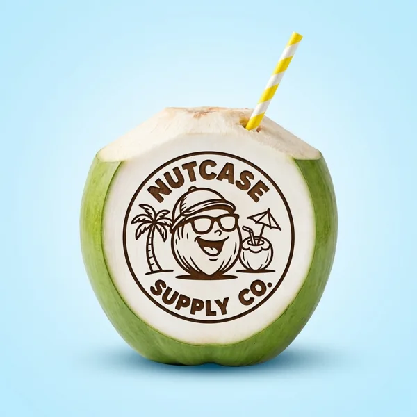 A Nutcase coconut with a yellow striped straw