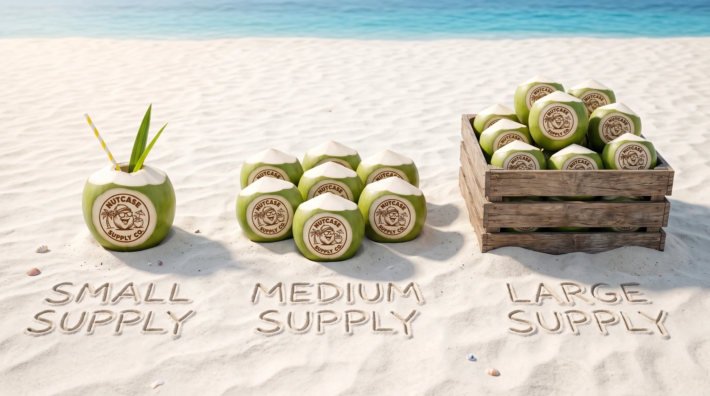 One coconut, a cluster of coconuts and a crate of coconuts in the sand labelled small, medium and large supply