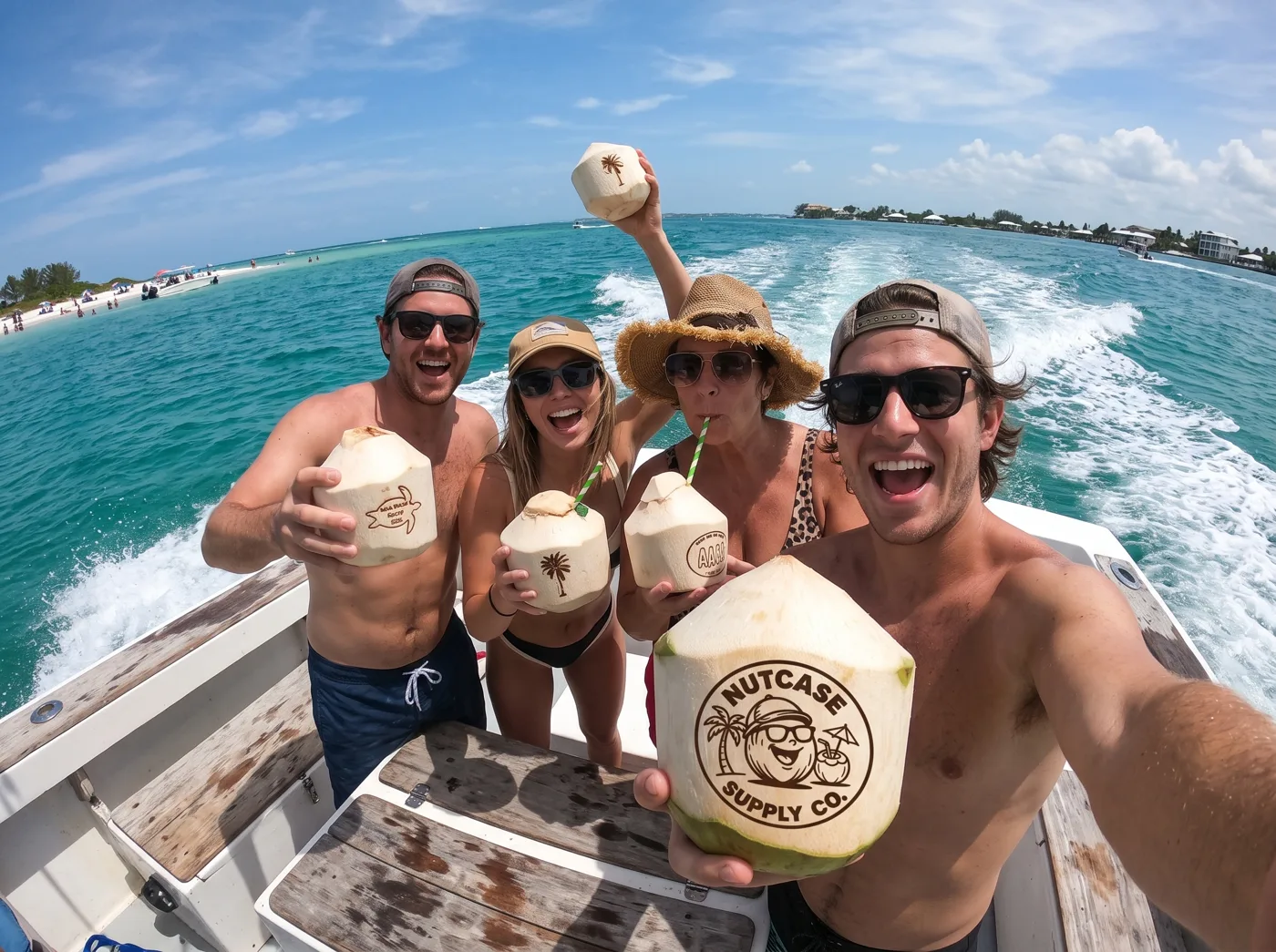 Friends on a boat raising coconuts