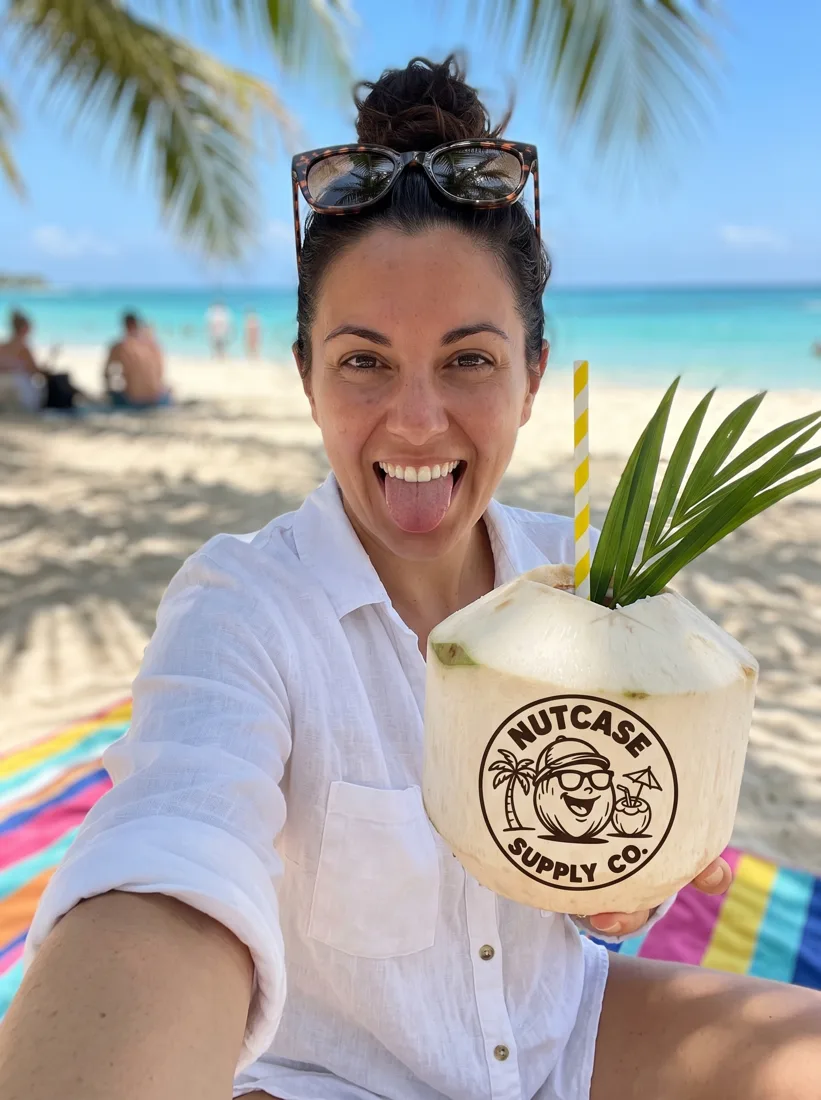 Woman pulling a face with a Nutcase coconut